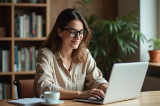 Femme comparant les prix de billets d'avion sur un ordinateur portable dans un bureau à domicile