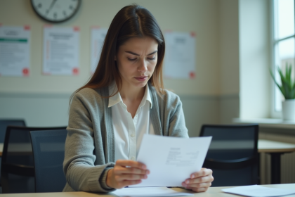 Jeune femme regarde un rejet de dossier dans un bureau administratif