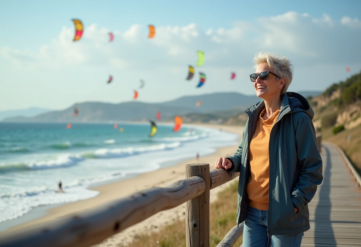 Femme souriante regardant les kitesurfeurs à Leucate