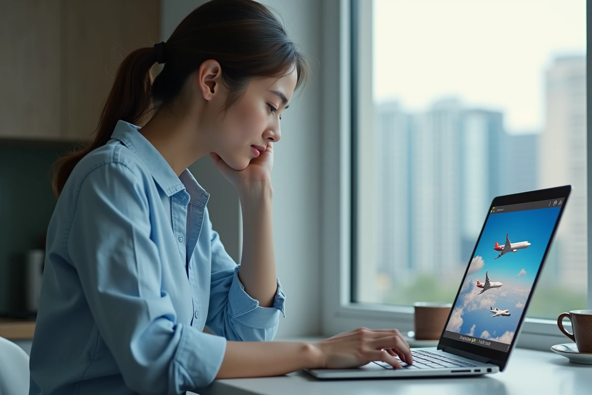 Jeune femme suivant un vol sur son ordinateur portable