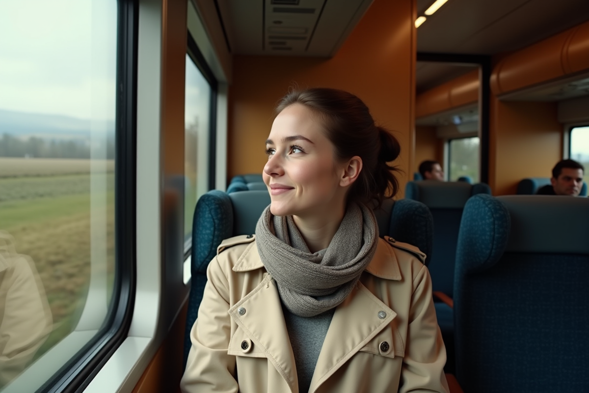 Jeune femme dans un train français regardant par la fenêtre