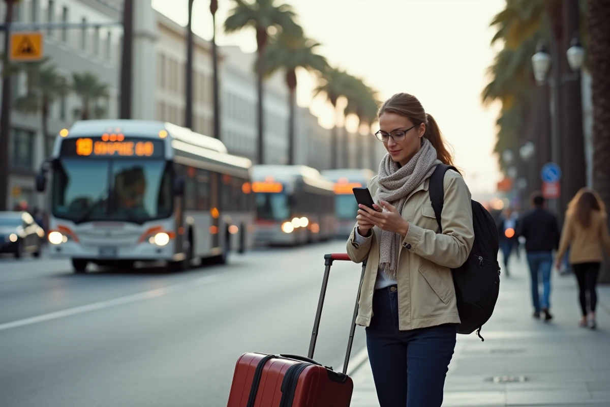 Femme avec valise et smartphone dans une rue urbaine animée