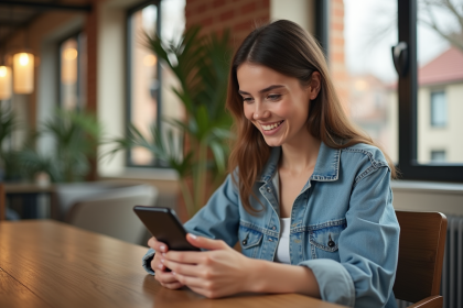 Jeune femme souriante utilisant une application de location vacances