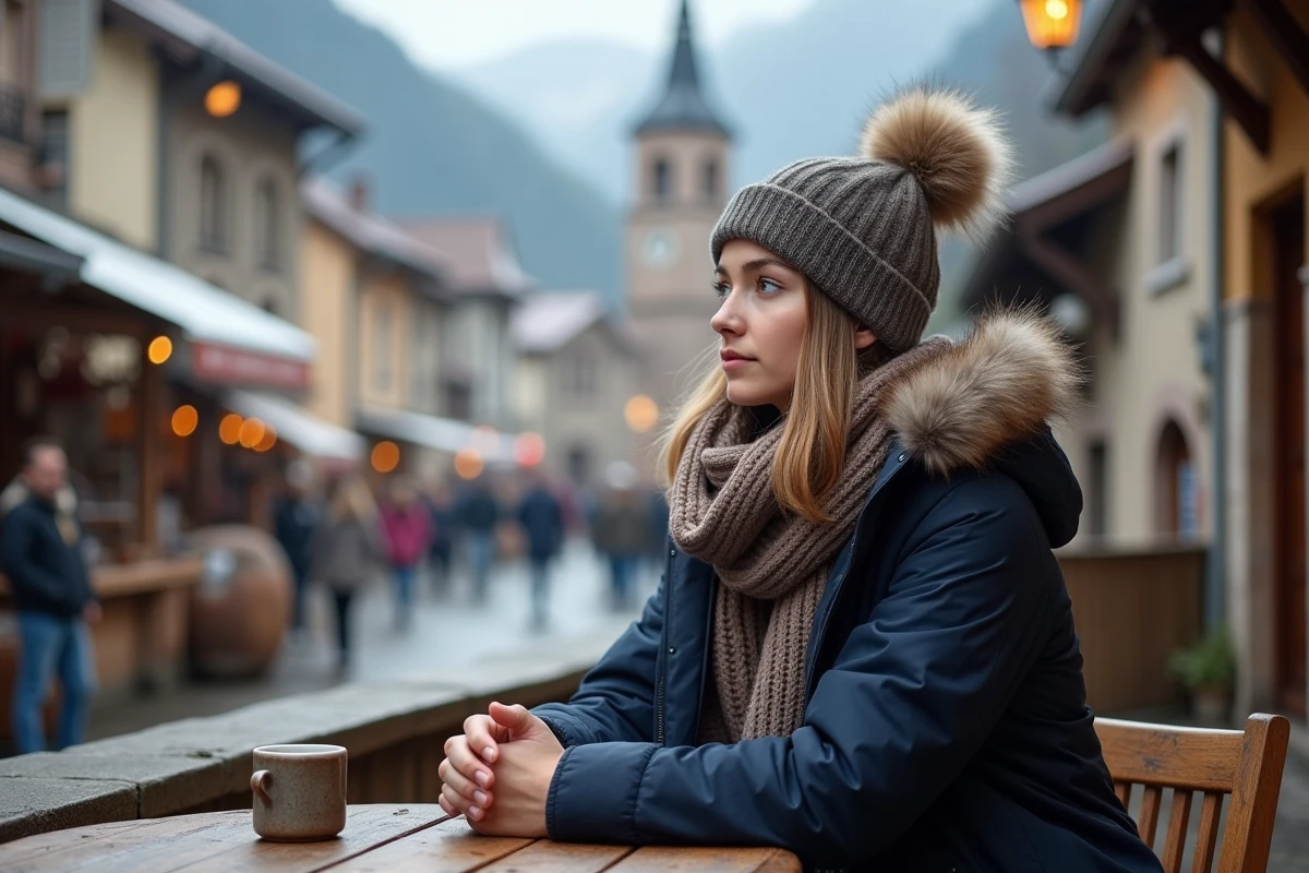 Jeune femme assise dans un village alpin au matin