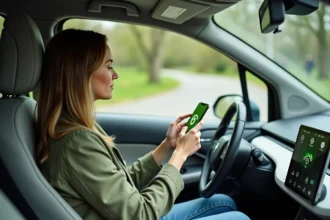 Femme au volant d'une voiture électrique consultant l'application Via Mappy pour un itinéraire éco-responsable