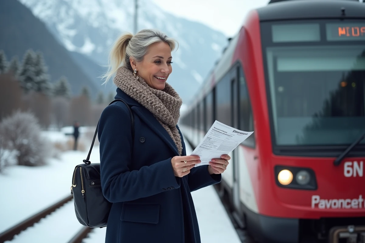Femme souriante avec ticket devant train suisse montagne