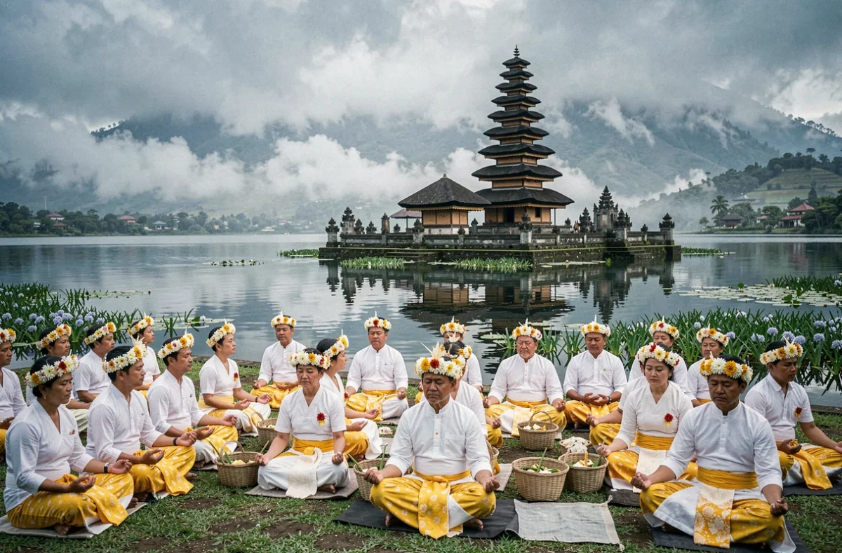 Fidèles balinais en tenue cérémonielle lors d'une prière au temple flottant Pura Ulun Danu Bratan sur le lac Bratan dans les hautes terres de Bedugul à Bali