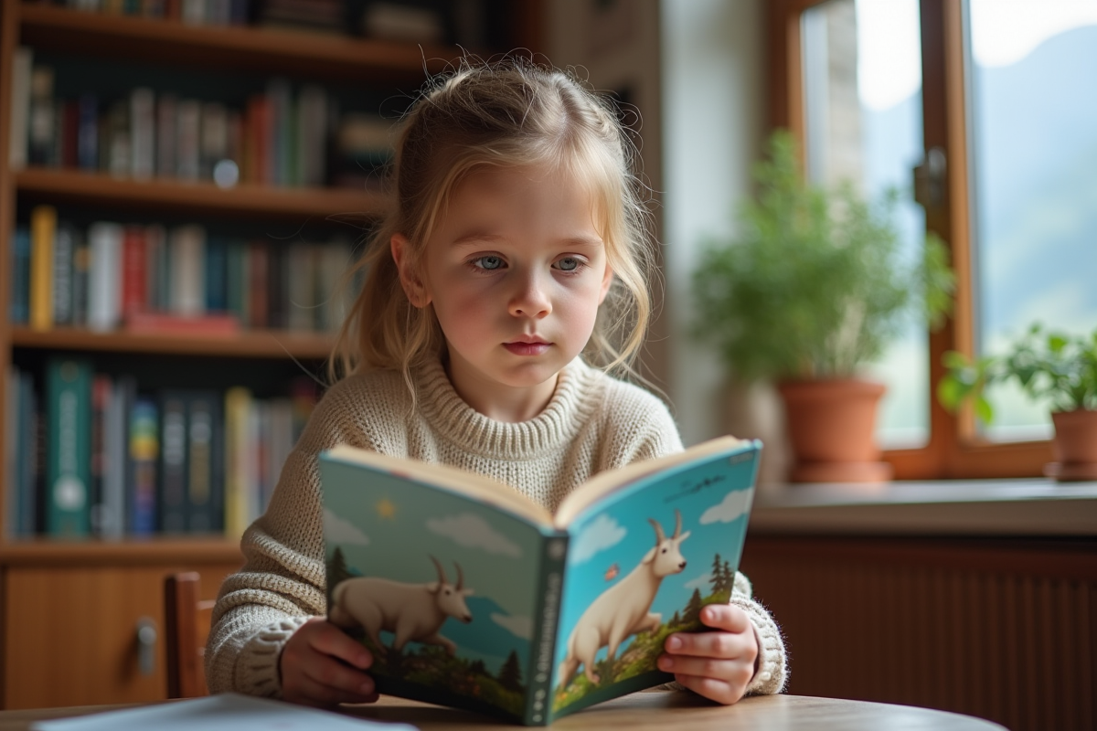 Fille lisant un livre sur la faune de montagne
