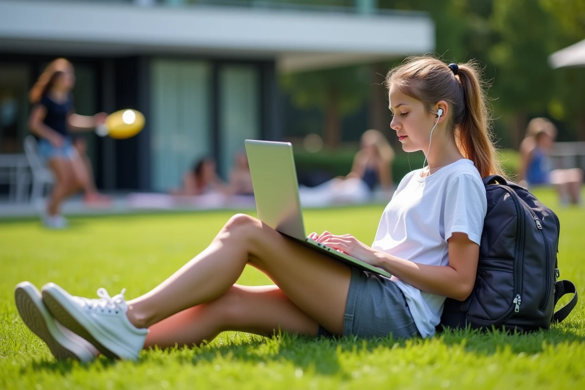 Jeune fille en extérieur avec ordinateur et amis en arrière-plan