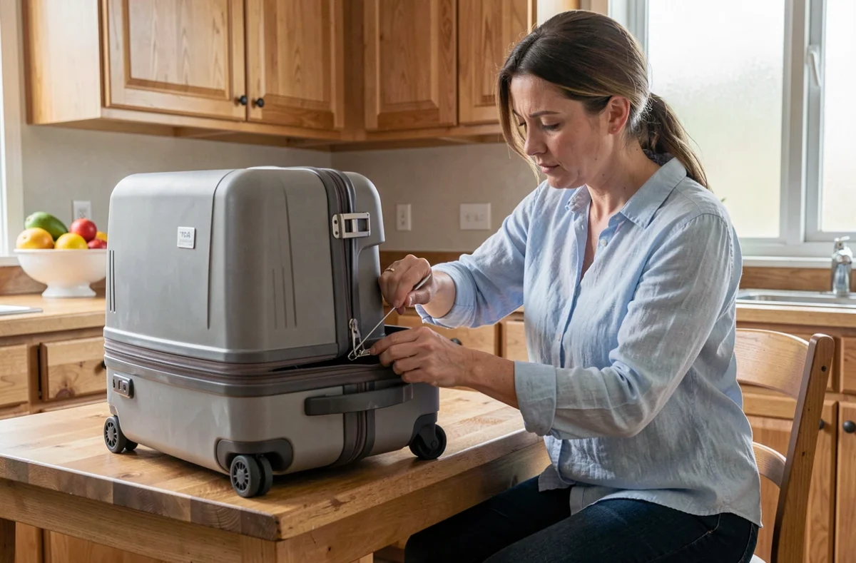 Femme tentant d'ouvrir manuellement le mécanisme de fermeture d'une valise cabine à serrure TSA sur une table de cuisine