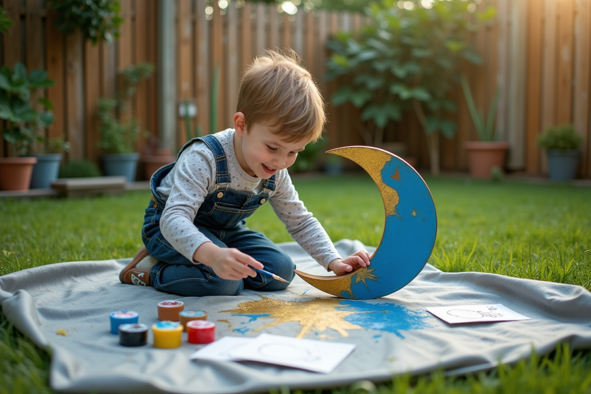 Garçon de 10 ans peignant une lune en extérieur
