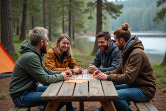 Groupe d'amis jouant à un jeu de société en camping