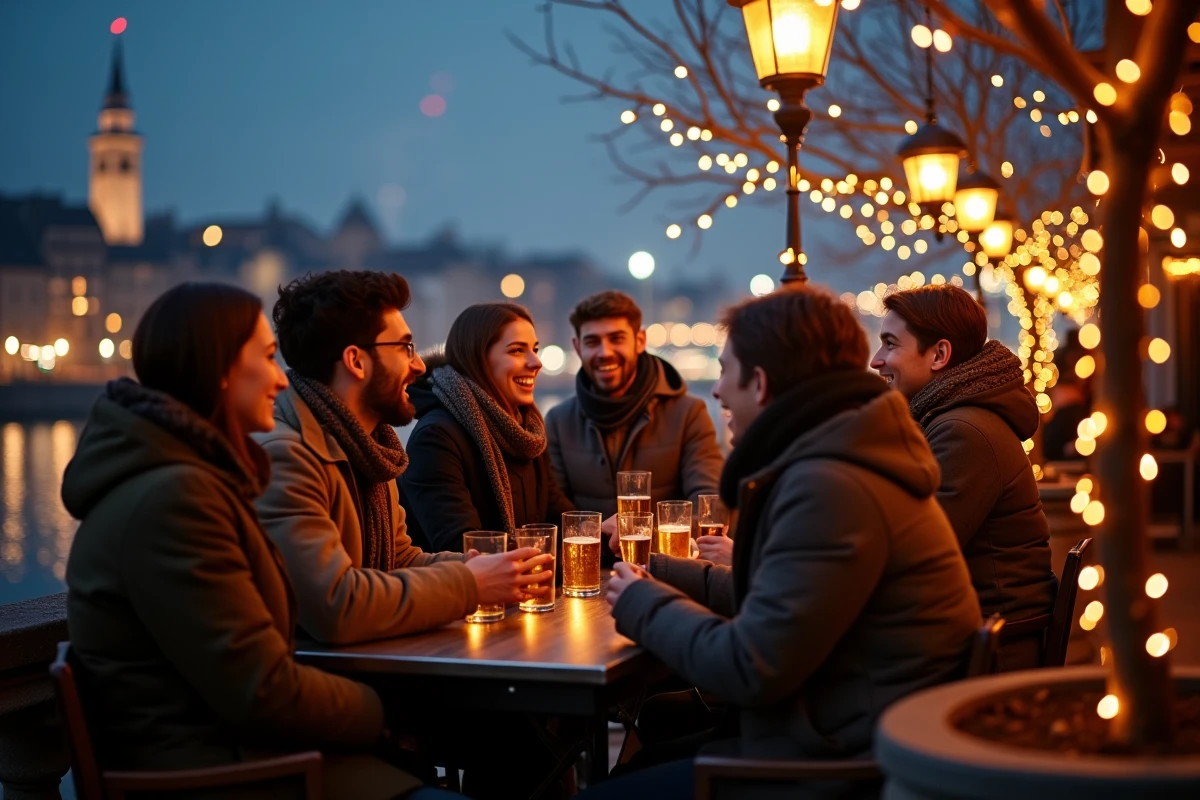 Groupe d'amis sur une terrasse de bar au bord de l'Ill à Strasbourg regardant les feux d'artifice du Nouvel An