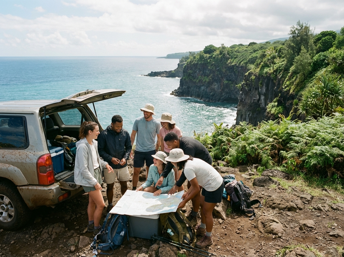 Groupe d'amis à La Réunion préparant leur aventure