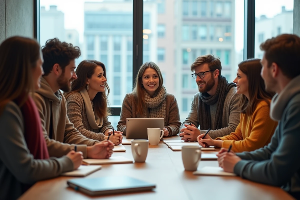 Groupe de blogueurs voyage discutant autour d