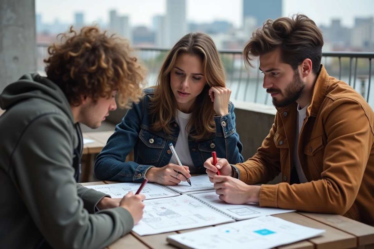 Groupe de jeunes adultes collaborant en extérieur avec vue urbaine