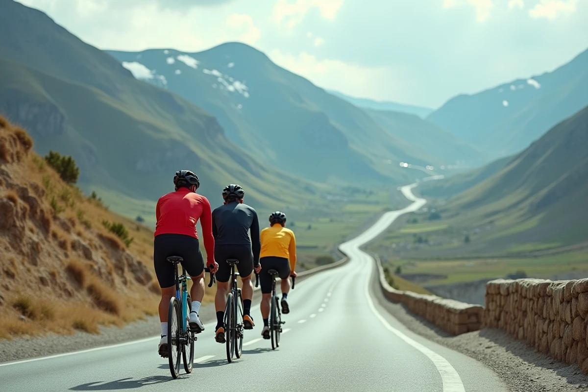 Groupe de cyclistes de niveaux variés pédalant en file indienne sur les lacets du col du Petit-Saint-Bernard