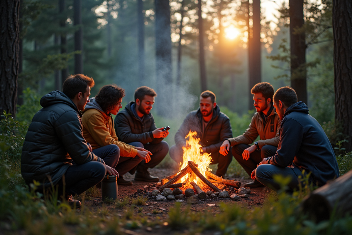 Groupe allumant un feu dans une forêt avec panneau d