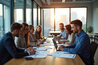 Groupe de professionnels en réunion sur la retraite