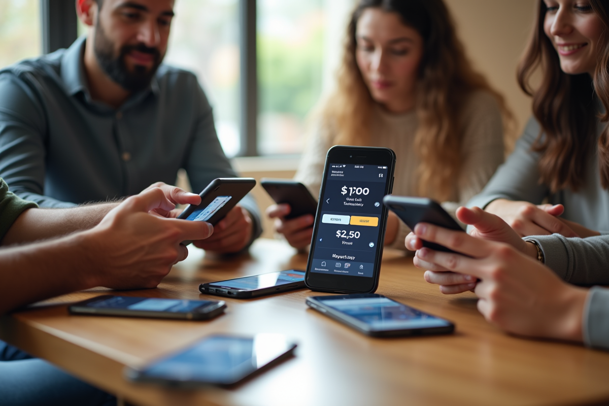 Groupe d amis comparant des prix sur plusieurs téléphones portables