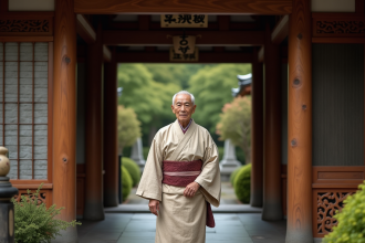 Homme âgé en kimono traditionnel devant un ancien hôtel japonais