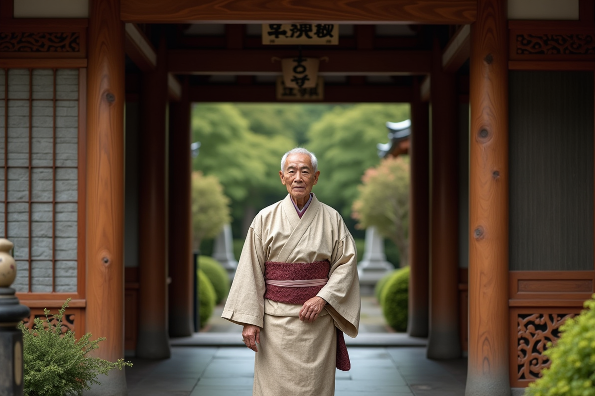Homme âgé en kimono traditionnel devant un ancien hôtel japonais