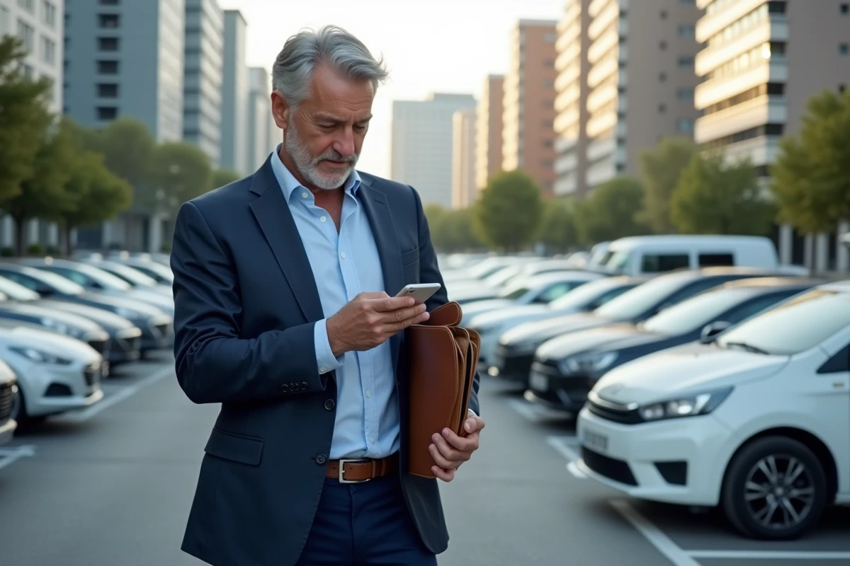Homme d affaires vérifiant son smartphone près de sa voiture