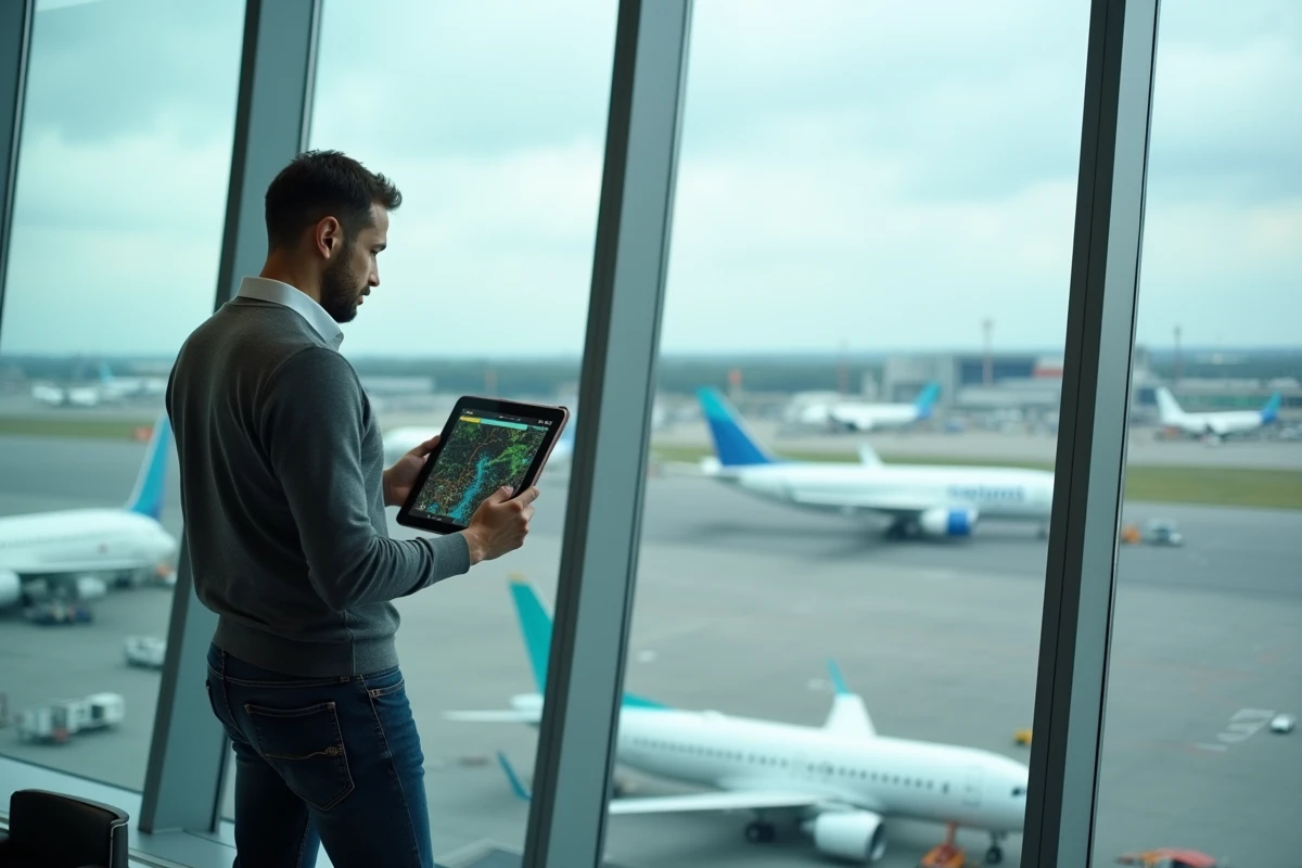 Homme regardant un radar de vols dans un aéroport