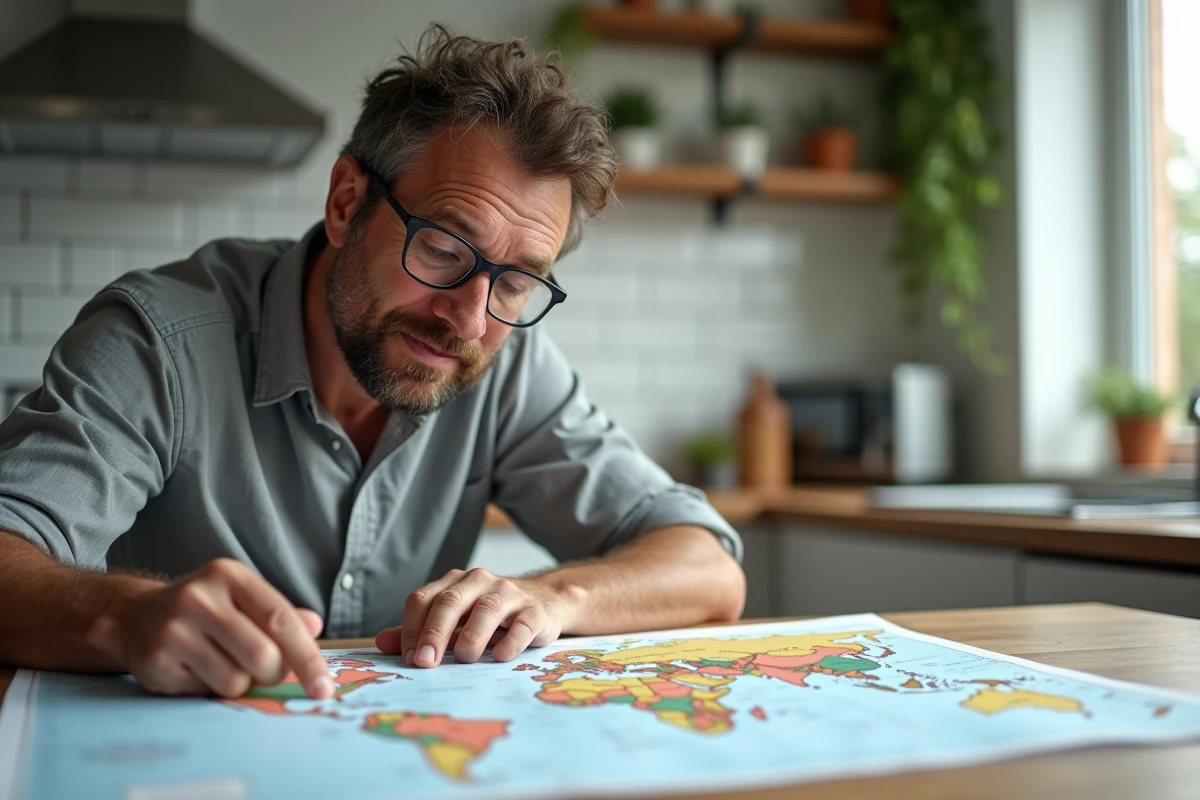 Homme avec des lunettes consultant un atlas papier pour identifier des pays commençant par la lettre X