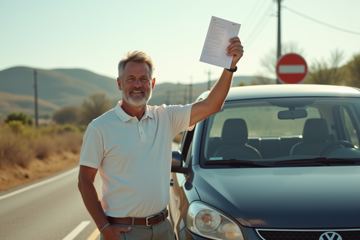 Homme souriant devant sa voiture au poste frontière