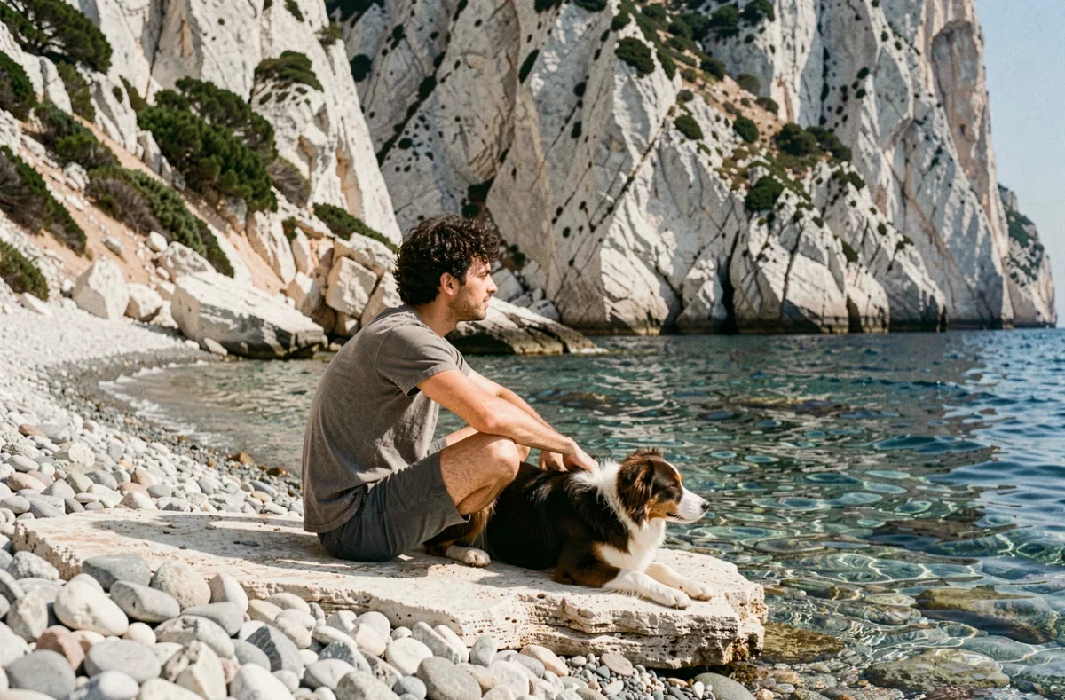 Jeune homme et border collie assis sur les galets d'une plage de Cassis accessibles avec un chien