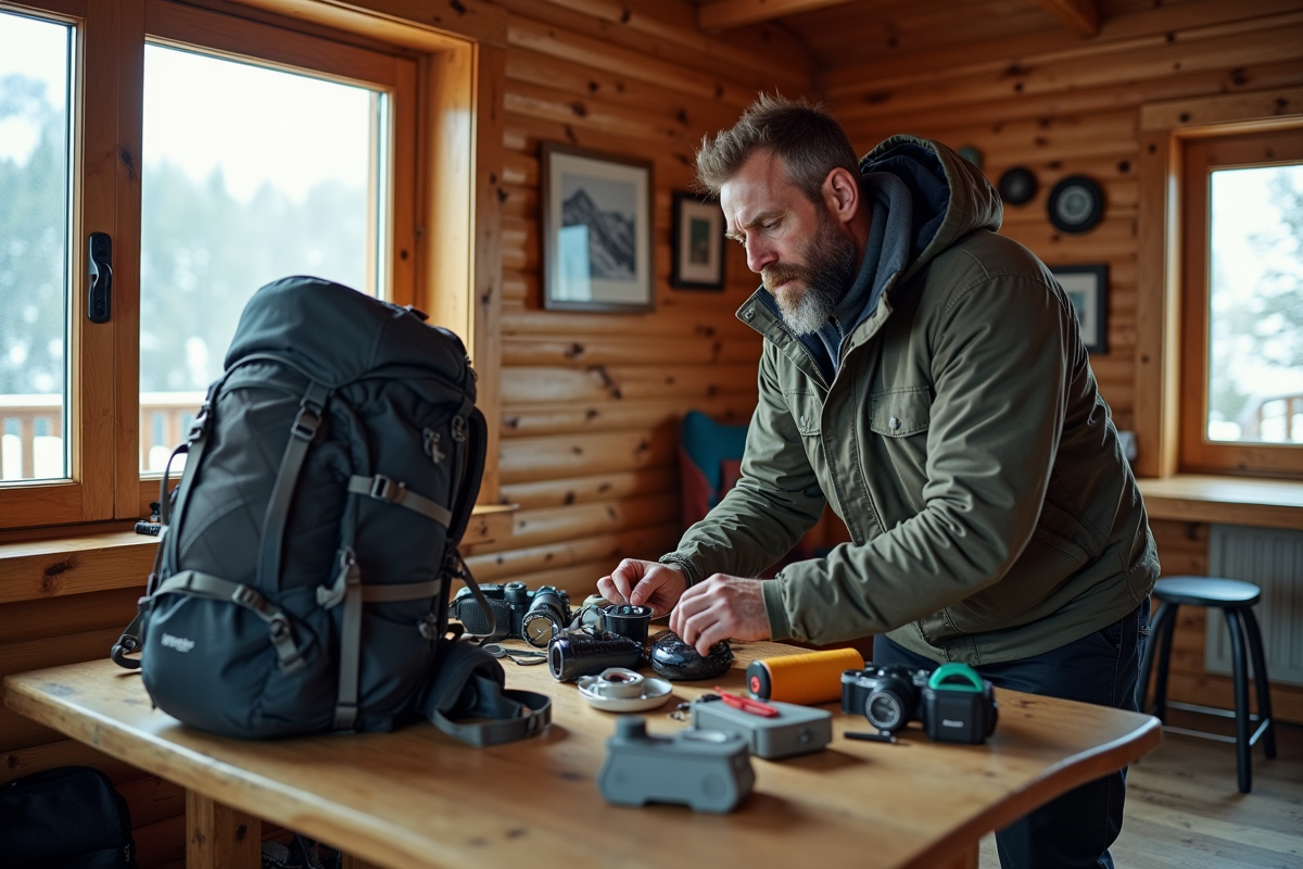 Homme organisant ses affaires dans une cabane en montagne