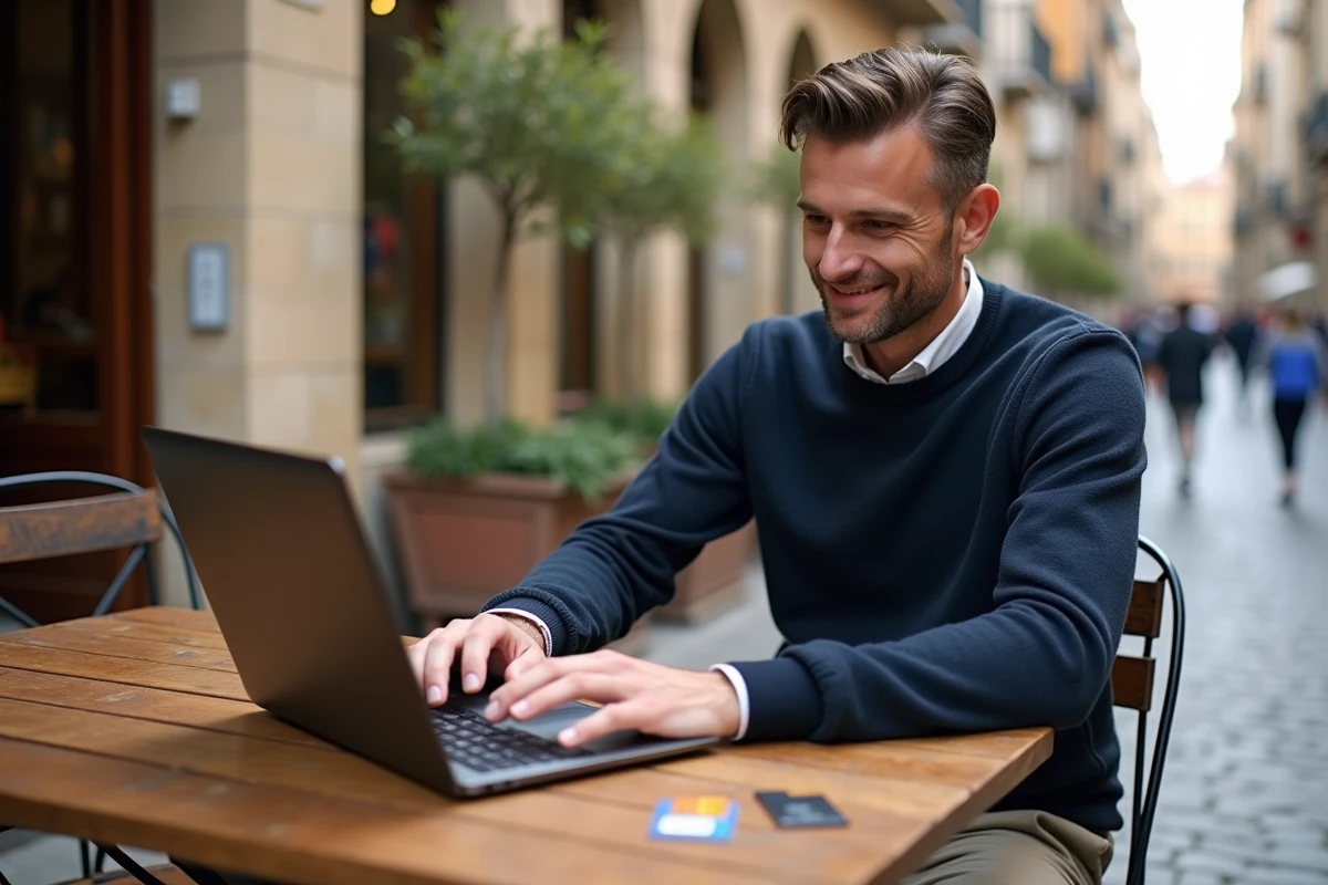 Homme comparant des offres de forfait mobile libre et classique en terrasse de café en Europe