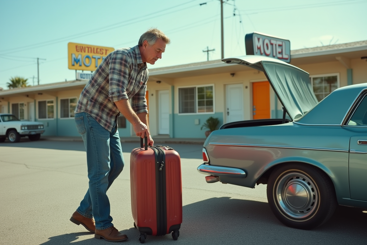 Homme d'âge moyen décharge une valise devant un motel vintage