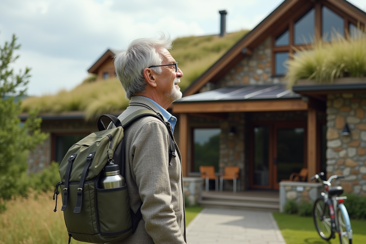 Homme regardant le toit vert d’un hôtel écologique en extérieur