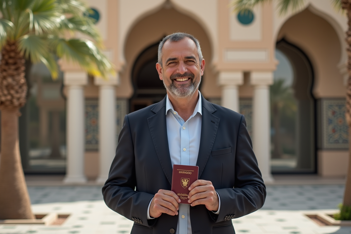 Homme marocain souriant avec son passeport devant un bâtiment officiel