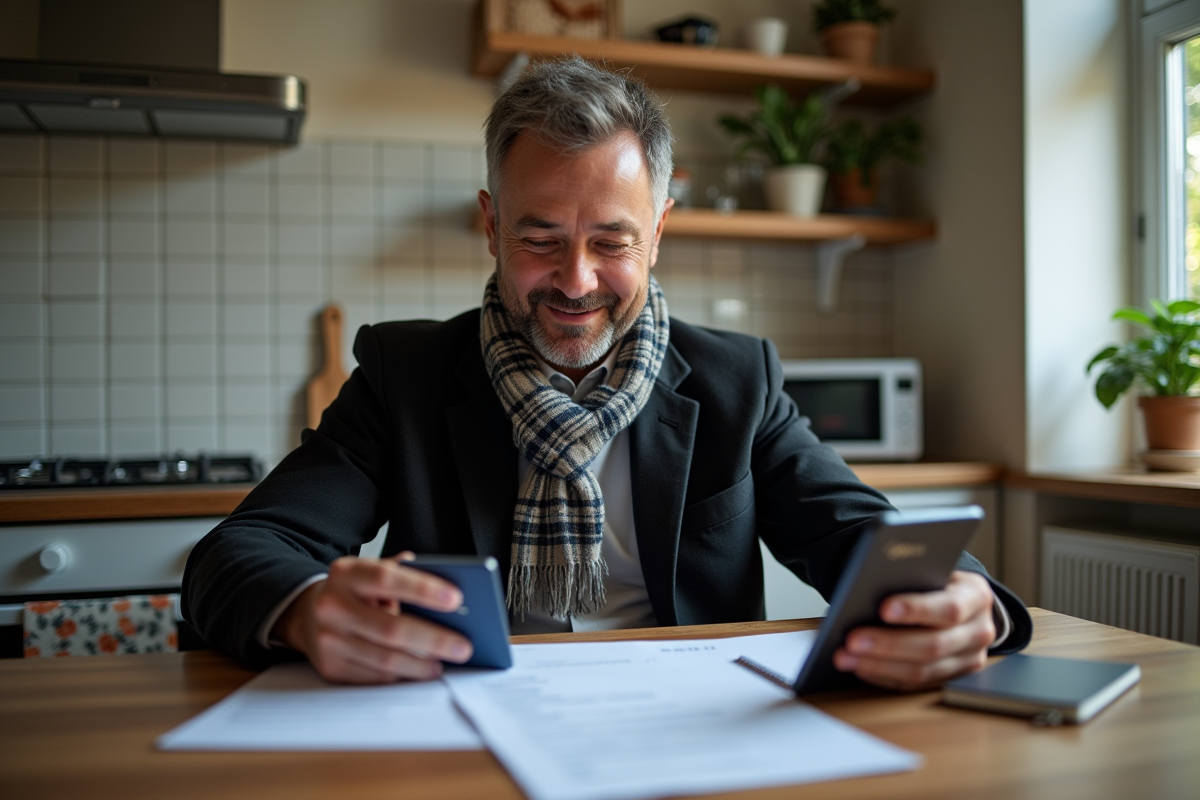 Homme organisant ses papiers de voyage a la maison