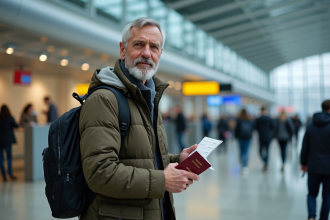 Homme français avec passeport à l'aéroport