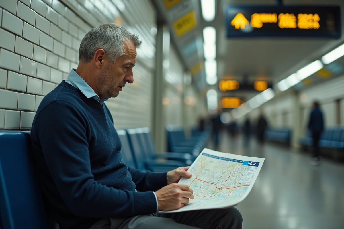 Homme assis dans une station de métro consultant un plan d'itinéraire Mappy imprimé avec tableau des départs visible