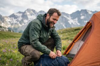 Homme souriant en randonnée dans les Alpes