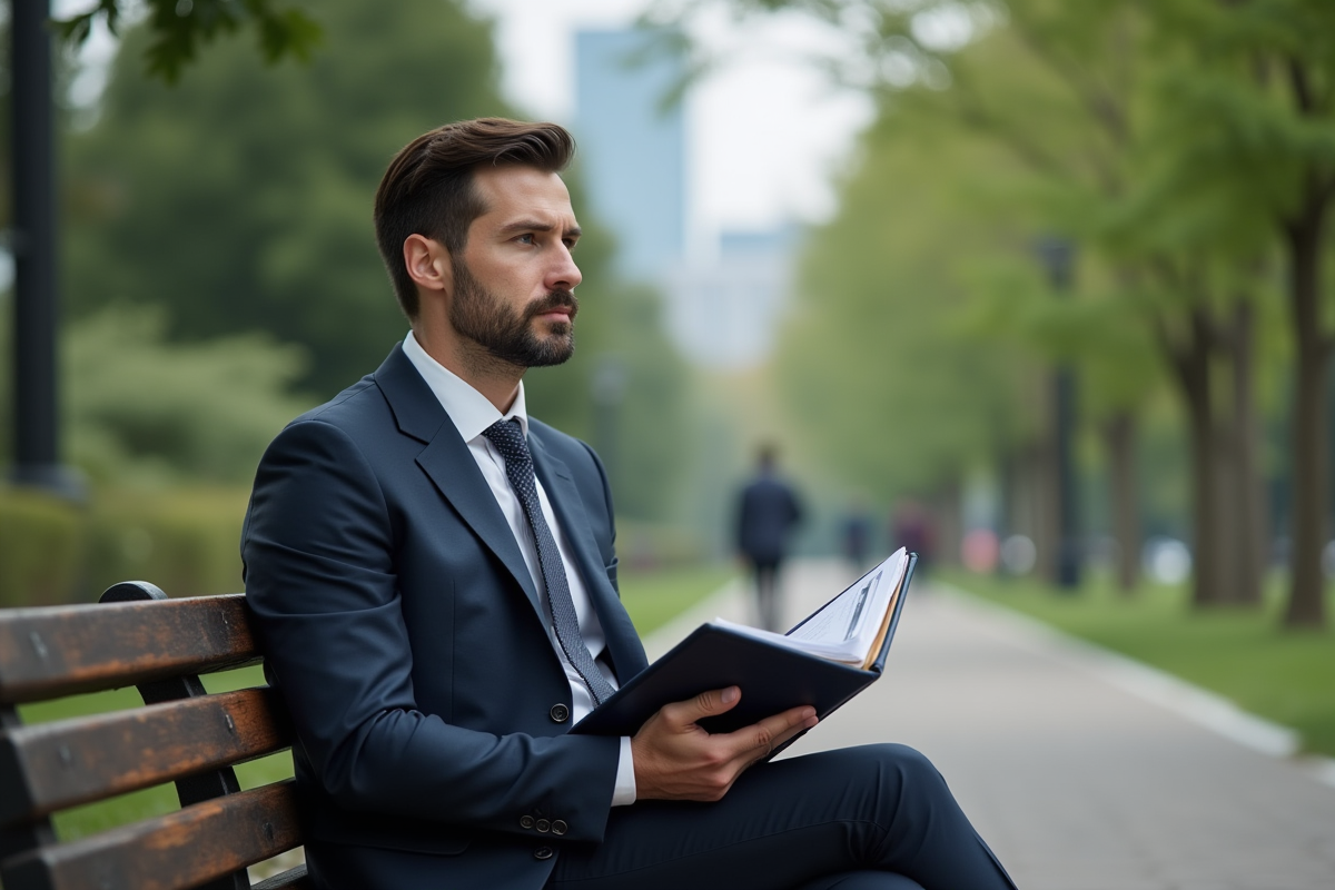 Homme en costume assis sur un banc dans un parc avec ses documents