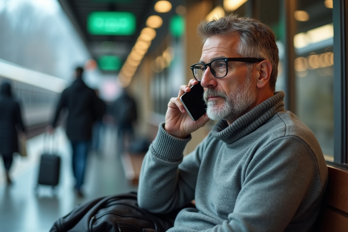Homme dans une gare en attente avec son smartphone