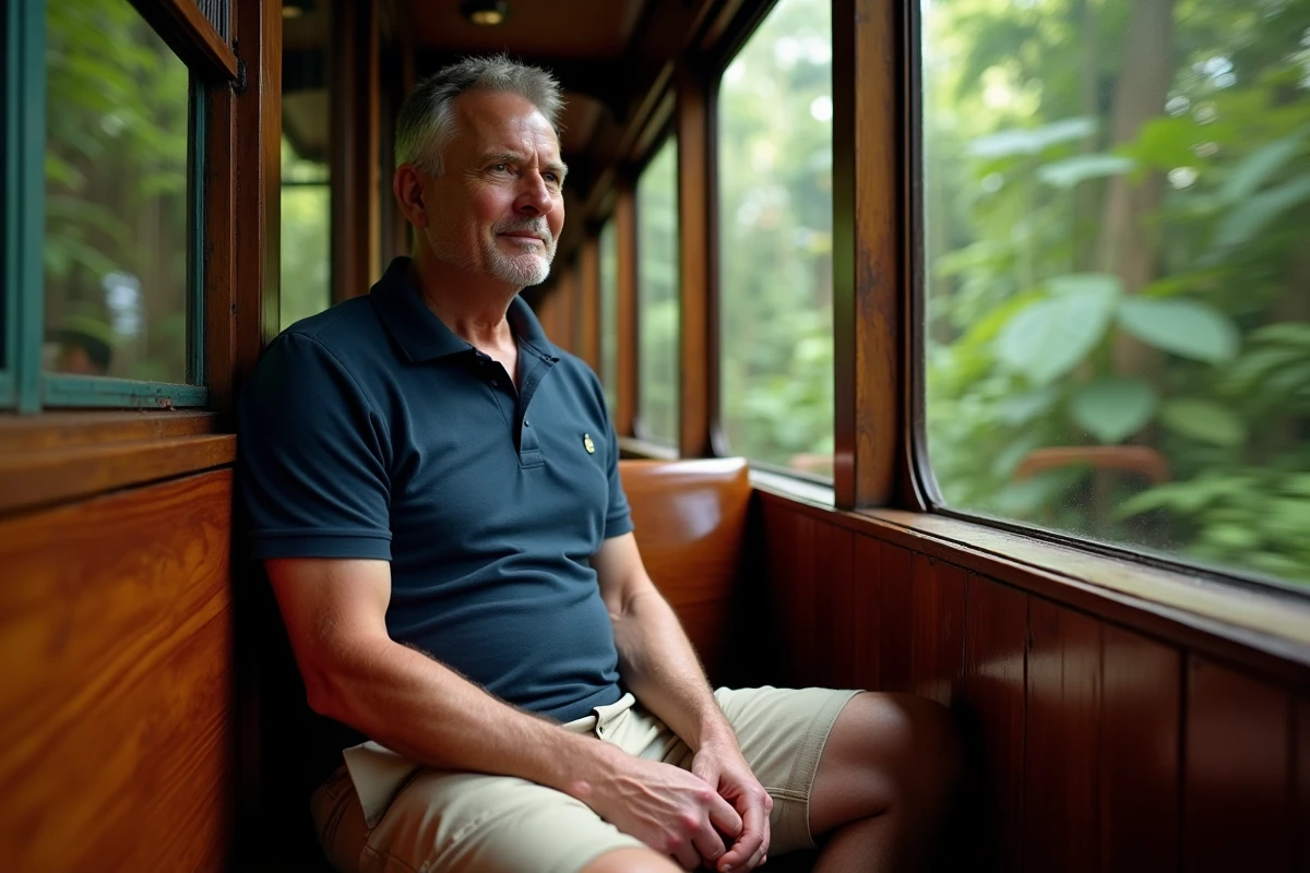 Homme regardant par la fenêtre du train à crémaillère du Corcovado traversant la forêt tropicale lors de la montée