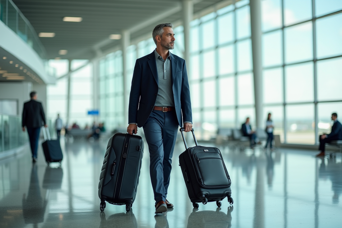 Homme en déplacement avec sac et valise dans le terminal