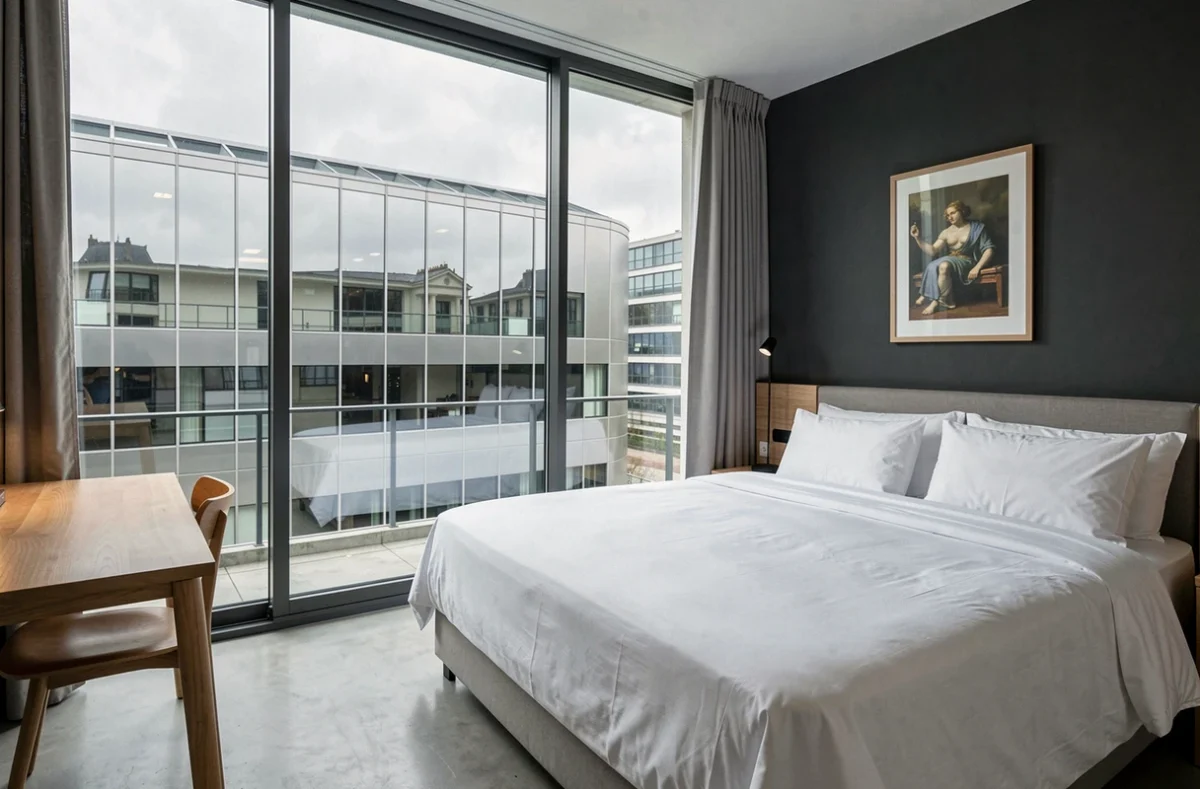 Chambre moderne de l'Hôtel Louvre-Lens Esprit de France avec vue sur le musée du Louvre-Lens