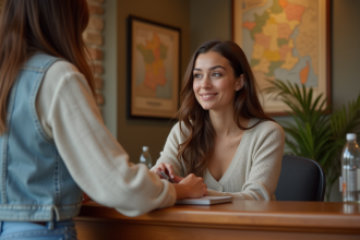 Jeune femme à la réception d'un hôtel français accueillant un client