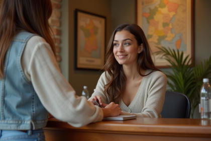 Jeune femme à la réception d'un hôtel français accueillant un client