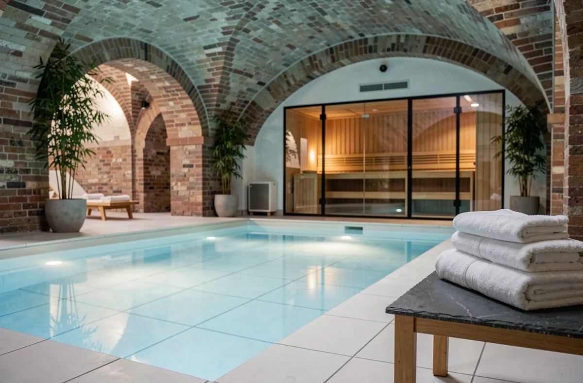 Piscine intérieure et espace spa de l'Hôtel Les Corderies avec voûtes en briques et serviettes blanches empilées