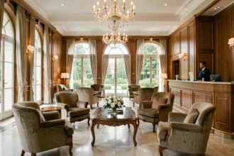 Hall d'un hôtel 4 étoiles dans les Hauts-de-France, avec mobilier élégant, sol en marbre et vue sur un jardin