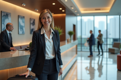 Femme souriante en tenue d'affaires à la réception d'hôtel moderne